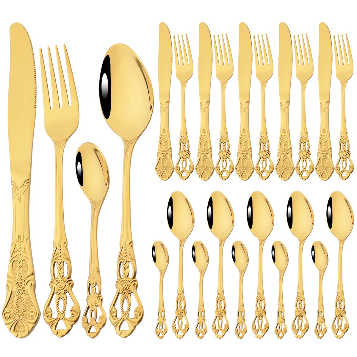Mirror 24Pcs Vintage Dinnerware Set Stainless Steel Cutlery Set Knives Fork Teaspoon Tableware Kitchen Flatware Silverware Set