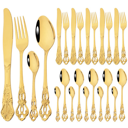 Mirror 24Pcs Vintage Dinnerware Set Stainless Steel Cutlery Set Knives Fork Teaspoon Tableware Kitchen Flatware Silverware Set