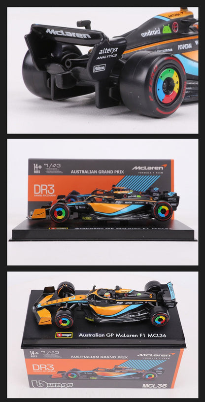 Burago 1:43 2022 McLaren MCL36 F1 Carro de Corrida N.º 3 N.º 4 Modelo de Carro em Liga