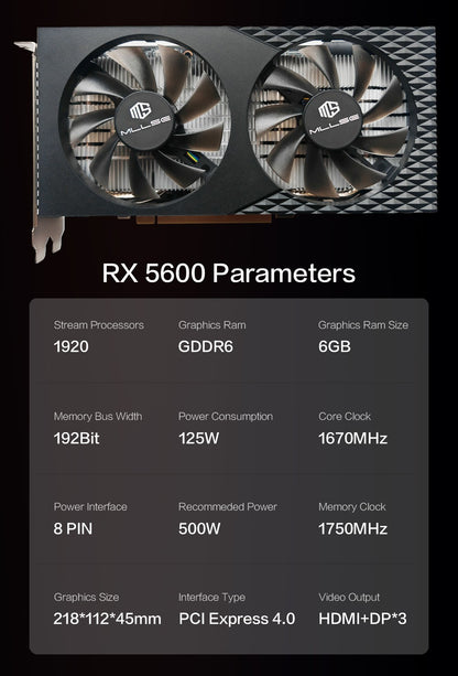 MLLSE Nova Placa Gráfica AMD Radeon RX5600 6GB GDDR6 6+8Pinos GPU para Jogos RX5600 6GB Placa Gráfica para Computador de Mesa
