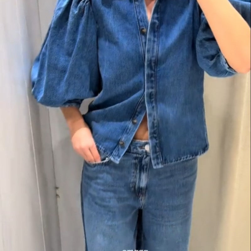 Fashion Denim Women Short Shirt Lapel Half Puff Sleeve Pleated  Turn-down Collar Solid Female Top 2025 Autumn Lady Shirts