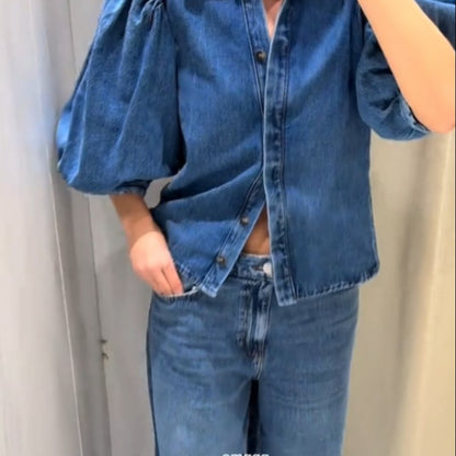 Fashion Denim Women Short Shirt Lapel Half Puff Sleeve Pleated  Turn-down Collar Solid Female Top 2025 Autumn Lady Shirts
