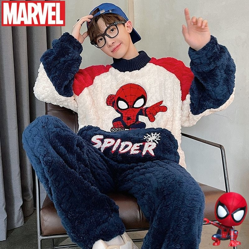 Conjunto de Pijama Masculino Homewear Marvel Homem-Aranha Anime Novo Bonito Desenho Animado Criativo Padrão Simples Moda Flanela Macia Engrossada Quente