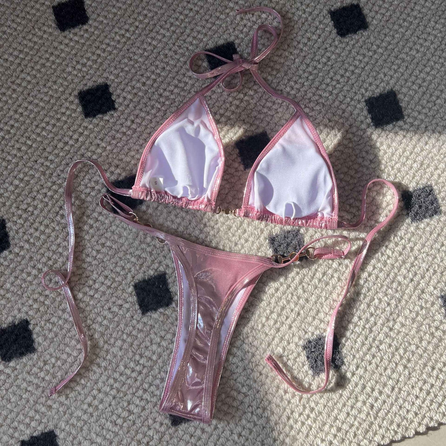 Shiny Pink Micro Bikini 2025 Mujer Women Sexy PU Pearls Push Up Thong Swimsuit Summer Bathing Suit Bandage Holiday Swimwear