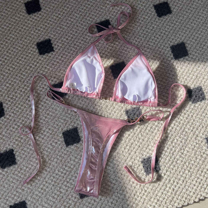 Shiny Pink Micro Bikini 2025 Mujer Women Sexy PU Pearls Push Up Thong Swimsuit Summer Bathing Suit Bandage Holiday Swimwear