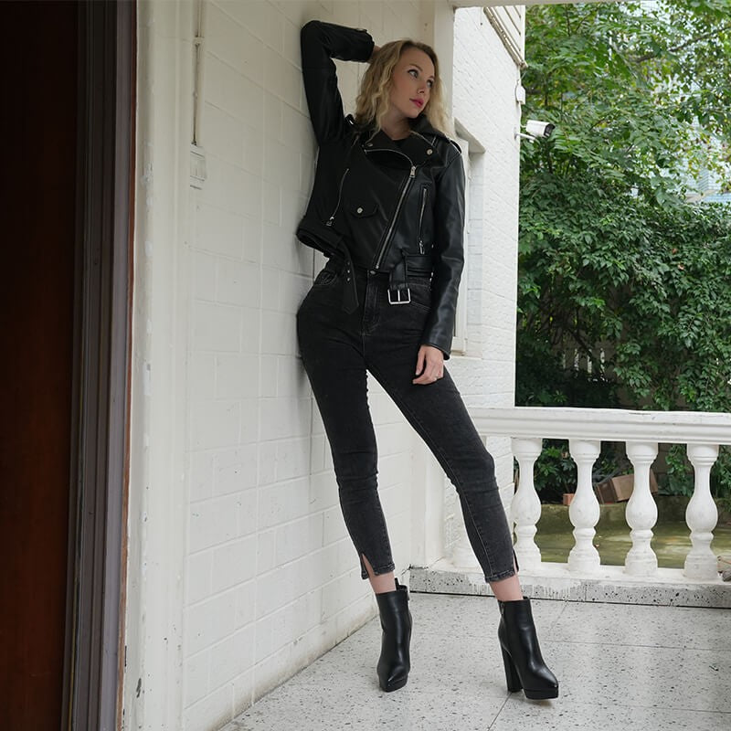 Onlymaker Women Pointed Toe Ankle Boots Black Matte Flock Chunky Heel Platform Booties Party Shoes Large Size Short Boots