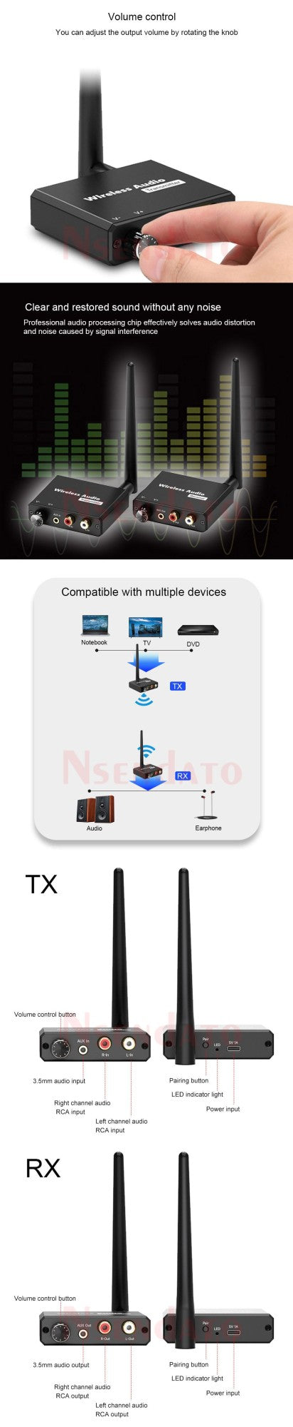 Adaptador de música Wi-fi digital sem fio 2.4G Kit transmissor e receptor de áudio sem fio 50M com AUX 3.5mm P/D para TV Box DVD PC