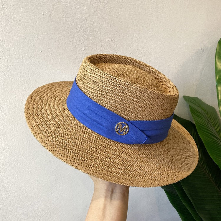 Chapéu de Palha Feminino de Verão Chapéu de Sol Luxuoso Feminino Chapéu de Praia de Proteção Solar da Moda Chapéu Panamá Francês Chapéu Raff de Aba Larga com Topo Abaulado