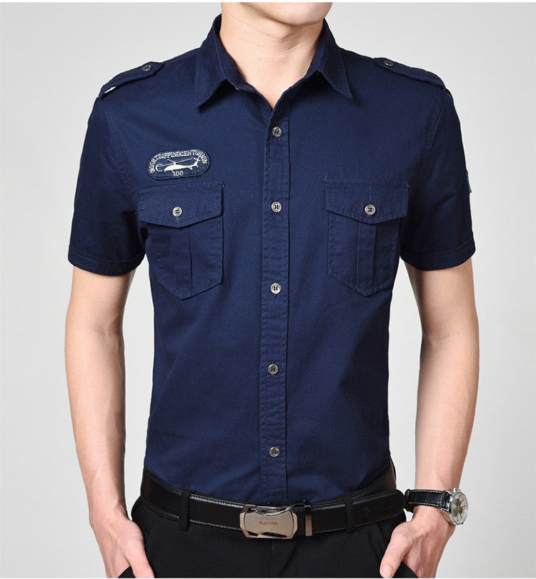 Men Cargo Shirts Summer Military Cotton Short Sleeve Shirts Retro Slim Fit With Pocket Epaulets Half Sleeve Shirts Drop Shipping