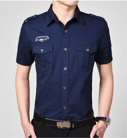 Men Cargo Shirts Summer Military Cotton Short Sleeve Shirts Retro Slim Fit With Pocket Epaulets Half Sleeve Shirts Drop Shipping