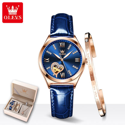 OLEVS 6636 Luxury Women Watch Fully Automatic Hollow Design Diamond Heart shaped Watch Elegant Mechanical Women Bracelet Watch