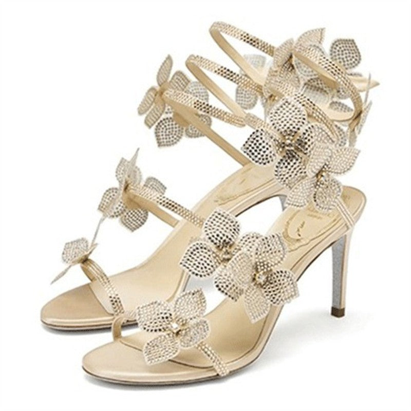 Sandália Feminina Sexy Eilyken com Flores de CRISTAL Salto Fino Alto Tiras Finas no Tornozelo Estilo de Rua Sapatos de Pole Dance