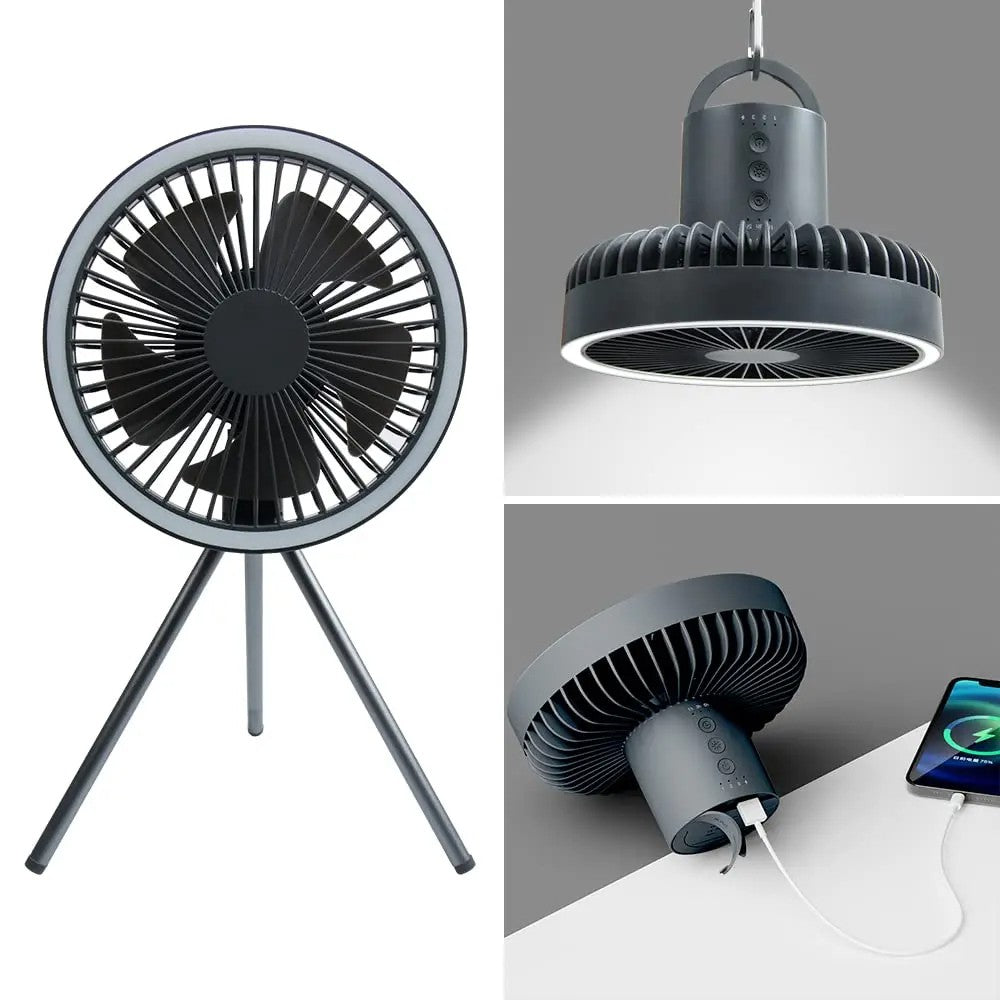 10000mAh Camping Fan Rechargeable Desktop Portable Circulator Wireless Ceiling Electric Fan with Power Bank LED Lighting