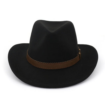 QBHAT Wide Brim Wool Felt Cowboy Fedora Hats with Dark Brown Leather Band Women Men Classic Party Formal Cap Hat Wholesale