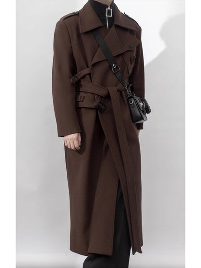 Mauroicardi Autumn Winter Cool Elegant Long Warm Black Woolen Trench Coat Men Belt Luxury Designer Clothes Wool Blends Overcoat