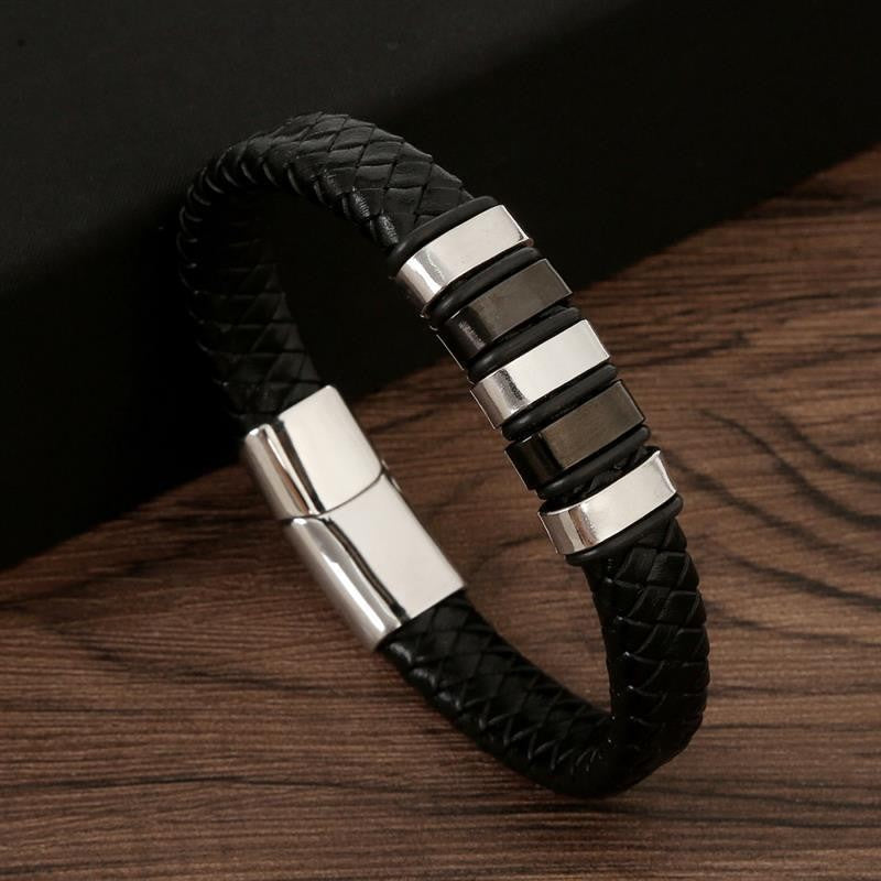 Pulseira de Couro Masculina Punk com Fecho Magnético de Aço Inoxidável Trançado em Camadas Envoltório de Couro Pulseiras Presente Joias Masculinas