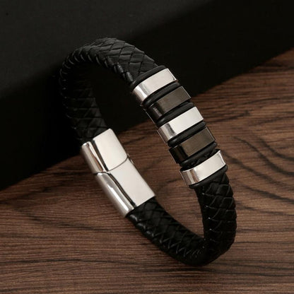 Pulseira de Couro Masculina Punk com Fecho Magnético de Aço Inoxidável Trançado em Camadas Envoltório de Couro Pulseiras Presente Joias Masculinas
