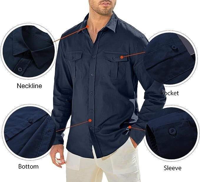 Business Men's Single-breasted Shirt Double Pocket Cotton Linen Long-sleeved Shirt Casual Vacation Shirt