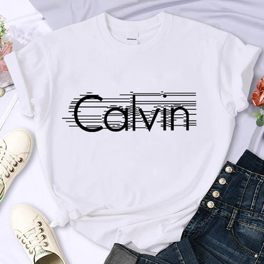 Women's summer 100% pure cotton fashionable casual loose Calvin letter pattern printed round neck short sleeved T-shirt top