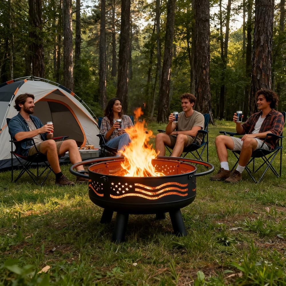 American Flag Fire Pit with Mesh Cover & Poker, Round Metal Wood Burning Outdoor Firepit for Patio, Garden, Backy