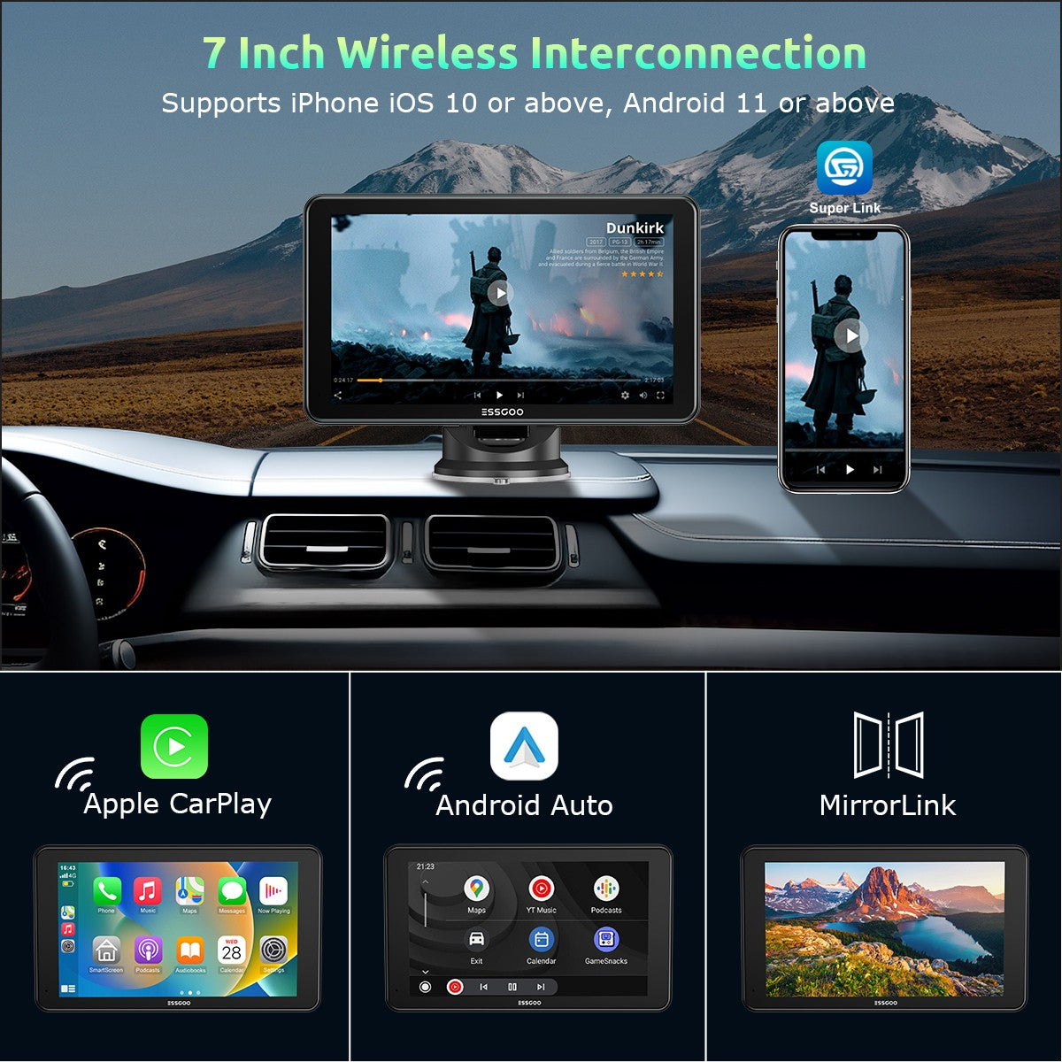 ESSGOO 7 polegadas Portátil Wireless Carplay MP5 Player BT Tela Sensível ao Toque Android Auto Rádio Automotivo Universal Estéreo GPS WiFi