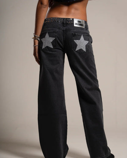 Y2K Women's Straight Leg Jeans Personalized Lucky Star Texture Retro Baggy Jeans Stylish High Street Willow Nail Low Waist Jeans