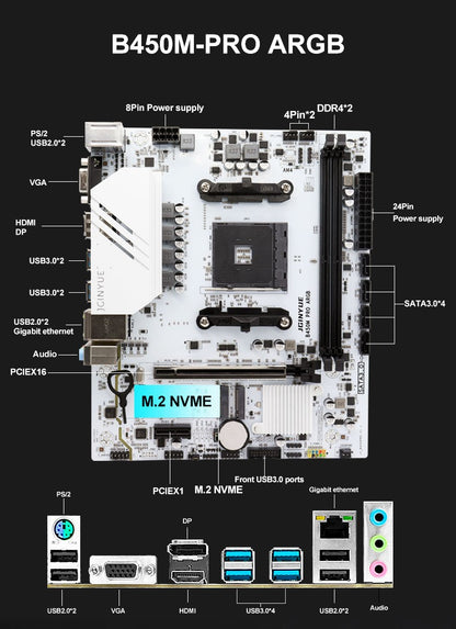 Placa-Mãe JGINYUE B450M PRO Processador AMD Memória DDR4 de Canal Duplo Placa Principal AM4 M.2 NVME (Suporta CPU Ryzen 5500 5600 5600G)