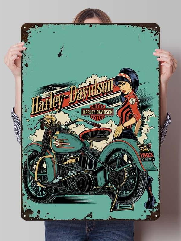 Letreiro de Flandres H-Harley Pôster de Motocicleta Decoração Estética de Quarto Masculino Placas de Metal Personalizadas para Garagem Decoração de Parede Retrô para Casa