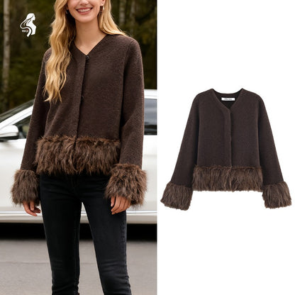Ladies Coat With Plush Hem Faux Fur Single Breasted Patchwork Knitted Coat Autumn And Winter Daily Fashion Versatile Coat