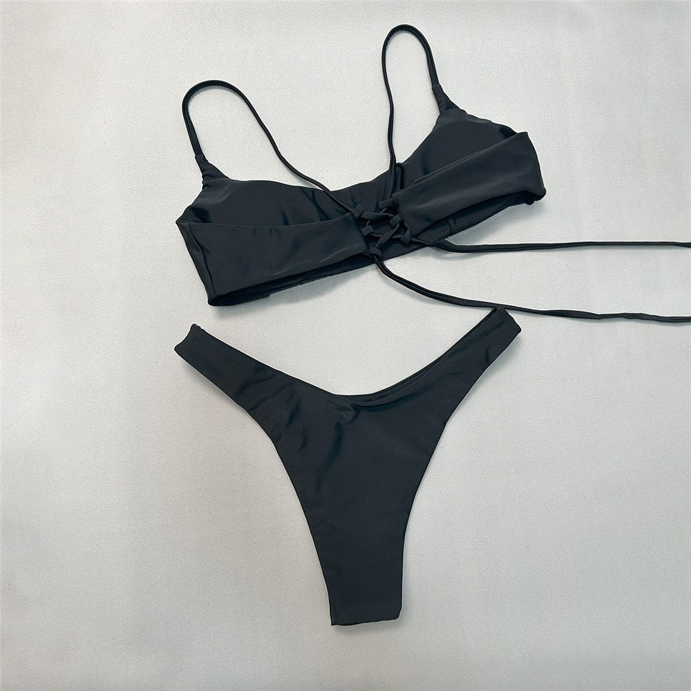 Brown Bandeau Micro Bikini Set Back String Lace-up Sexy Swimsuit Solid Swimwears Woman 2025 High Cut Bathing Suit Bikinis Femmes