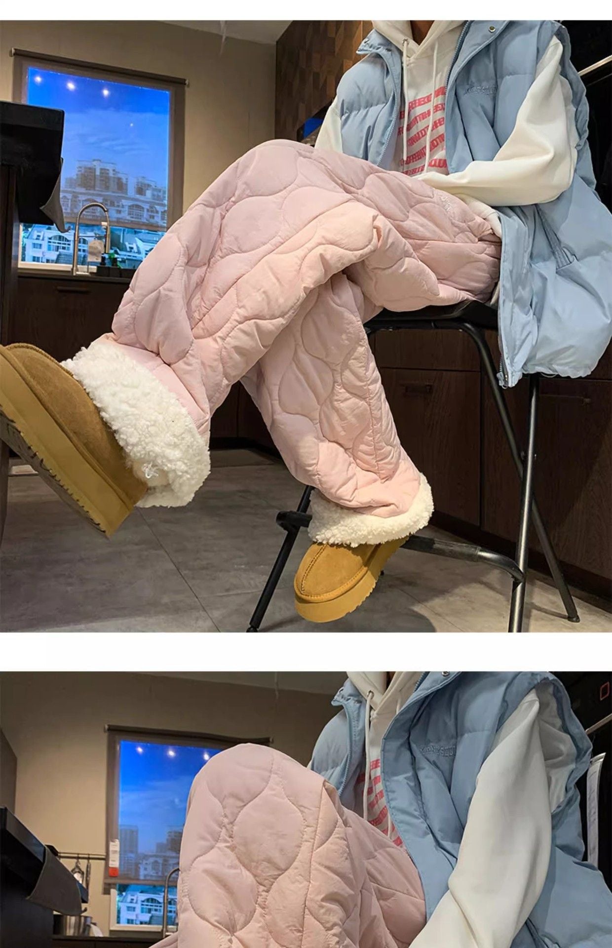 Heavy Winter Cotton Waterproof Splicing Lamb Fleece Cotton Pants for Men and Women, Solid Color Diamond Grid Embroidered Clip Co