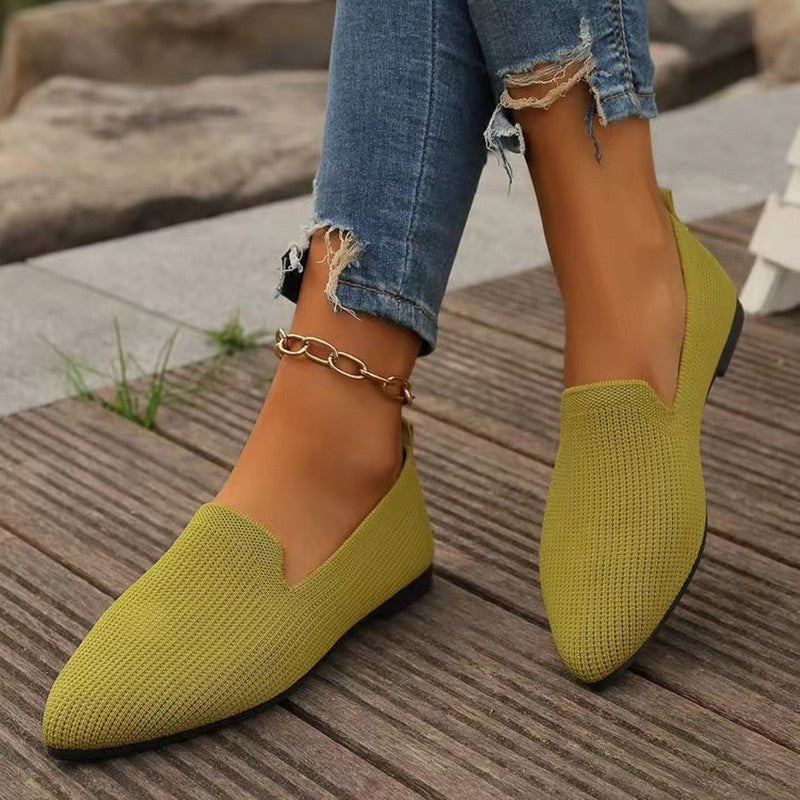 New Women's Solid-Color Pointed-Toe Mesh Loafers Low-Cut Women's Shoes Soft-Sole Knit Ballet Flats Casual Slip-On Boat Shoes