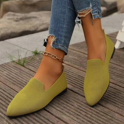 New Women's Solid-Color Pointed-Toe Mesh Loafers Low-Cut Women's Shoes Soft-Sole Knit Ballet Flats Casual Slip-On Boat Shoes