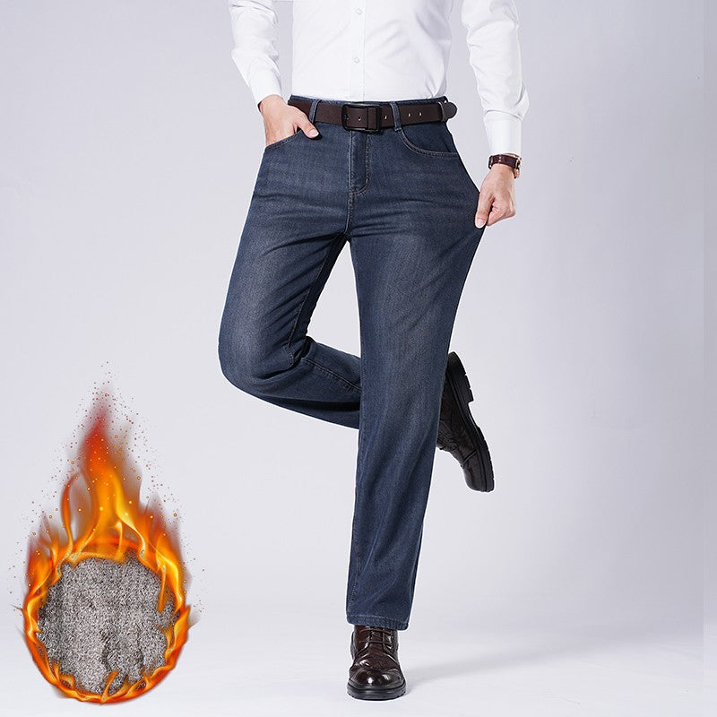 Men's Fleece Straight Leg Jeans Winter Thick Warm Business Casual Velvet Pants Elastic Loose Trousers Outdoorwear