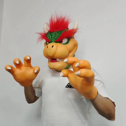 Anime Cartoon Bowser Cosplay Mask and Gloves Costumes Cute Dinosaur Claw Paw Latex Helmet Halloween Party Game Props Accessories