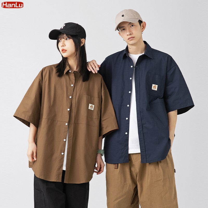 Japan Style Cargo Shirts Men Summer  Pure Cotton Loose Casual Pocket Shirts Men Women Plus Size Short Sleeve Shirt