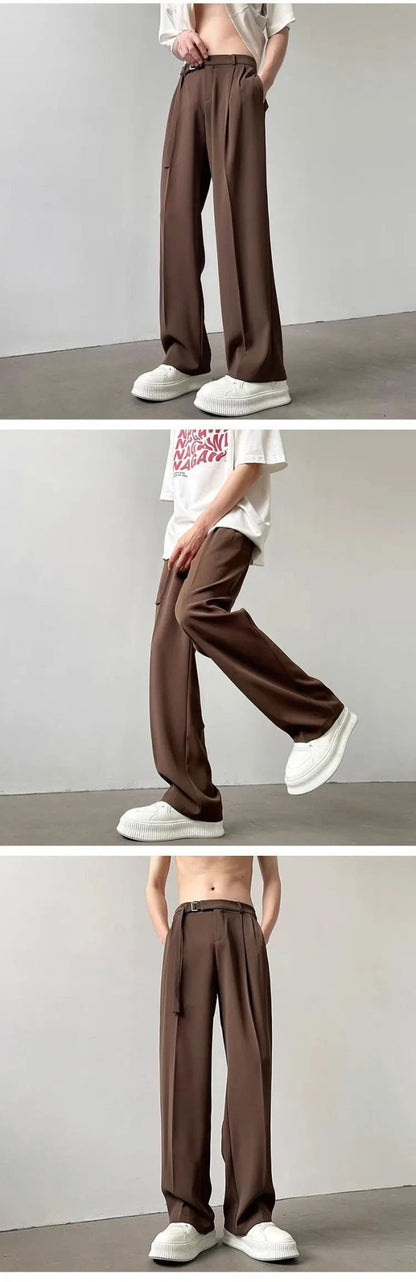 Calça Casual Masculina Outono Japonesa Leve Luxo Drapeada Calças Soltas de Perna Reta Versátil Perna Larga Calça Comprida