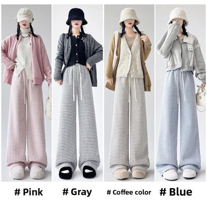 High Waist Wide Leg Pants Women's Autumn Winter New Style Lazy Casual Fleece Woolen Plaid Trousers Fashionable Comfortable