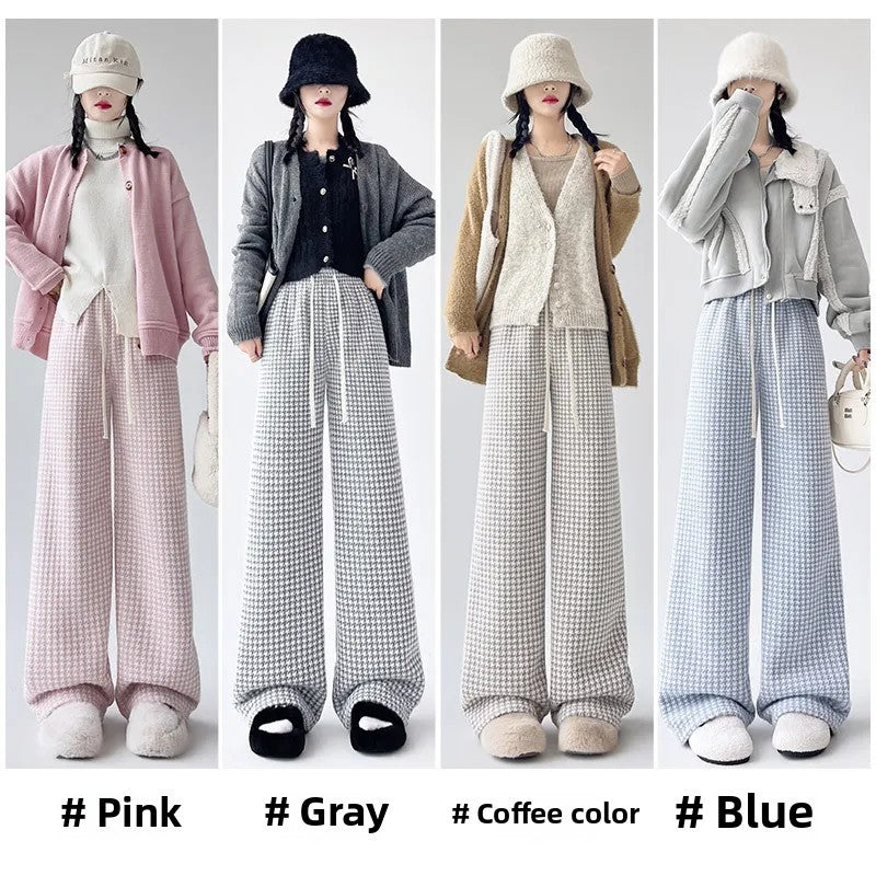 High Waist Wide Leg Pants Women's Autumn Winter New Style Lazy Casual Fleece Woolen Plaid Trousers Fashionable Comfortable