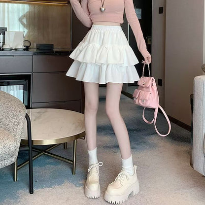 Korean Chic Y2K Sweet Girl's White Princess Mini Skirt Ballet-style Tiered Skirt Elastic High Waist Cake Skirt Shorts All-match