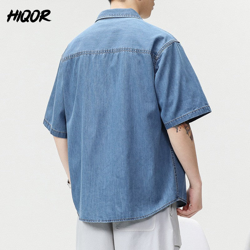 2025 Summer New Men's Casual Loose Shirt Polo Neck Short Sleeve Single Breasted Shirts Men's Vintage Solid Cargo Jeans  Tops