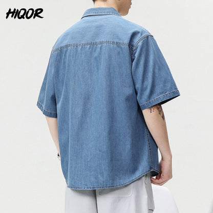 2025 Summer New Men's Casual Loose Shirt Polo Neck Short Sleeve Single Breasted Shirts Men's Vintage Solid Cargo Jeans  Tops