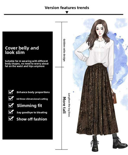 Plus Size Plus Size Women's Velvet Pleated A- Line Midi Skirt Autumn Winter Slimming Half-length Versatile Fashionable Commut...