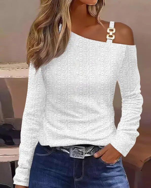 Elegant Women Sexy Loose Blouse 2025 Spring Winter One Shoulder Hollow Out Chain Hanging Neck Printed Button Fashion Female Tops