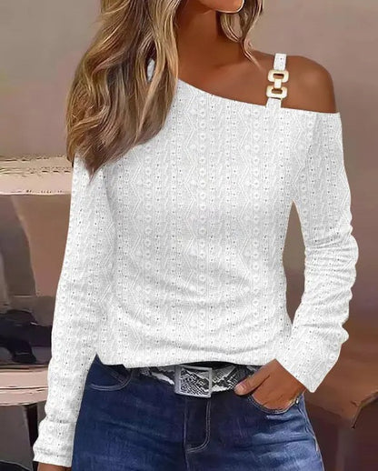 Elegant Women Sexy Loose Blouse 2025 Spring Winter One Shoulder Hollow Out Chain Hanging Neck Printed Button Fashion Female Tops