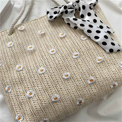 New Fashion Straw Shoulder Bags Fashion Large-Capacity Silk Scarf Tote Bag Beach Bag Women Shopping