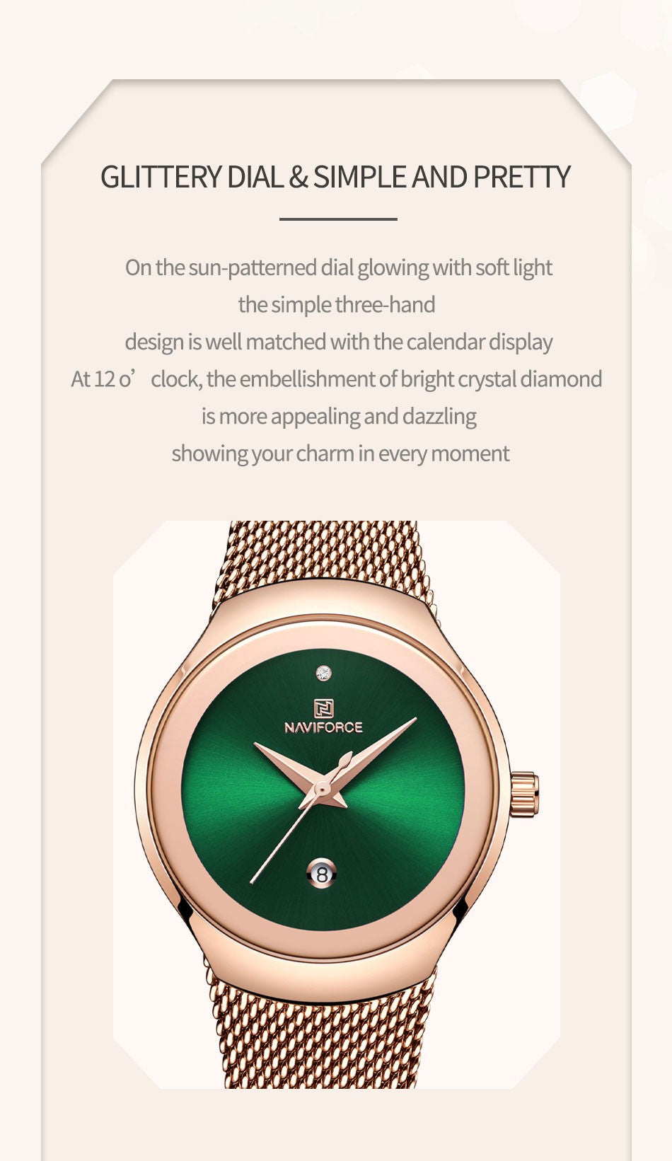 NAVIFORCE Luxury Green Analog Date Quartz Fashion Ladies Watches Mesh Steel Strap Waterproof Business Women Wristwatch Clocks