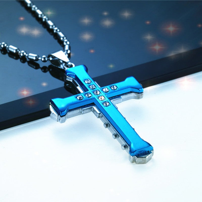 SUMENG 2025 Novo Colar Masculino de Aço Inoxidável com Pingente de Cruz de Cristal Jesus nas Cores Dourado/Preto/Azul e Zircônia
