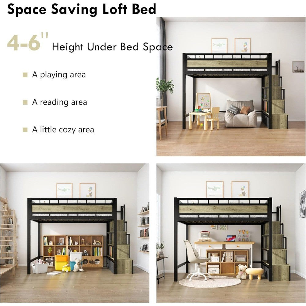 Twin Size Metal Loft Bed with Storage Stairs & Drawers Heavy-Duty Space-Saving Bed Frame for Teens And Juniors No Box Spring Nee