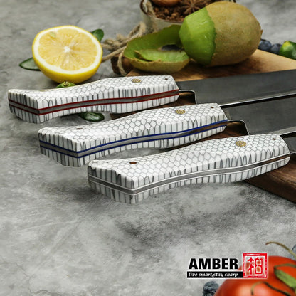 Conjunto de 3 facas de cozinha japonesas afiadas Damascus para Chef e Nakiri, lâmina de aço revestida de 3 camadas com cabo de resina e espaçador G10